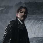 Ethan Hawke in the movie Tesla with raging waterfalls behind him