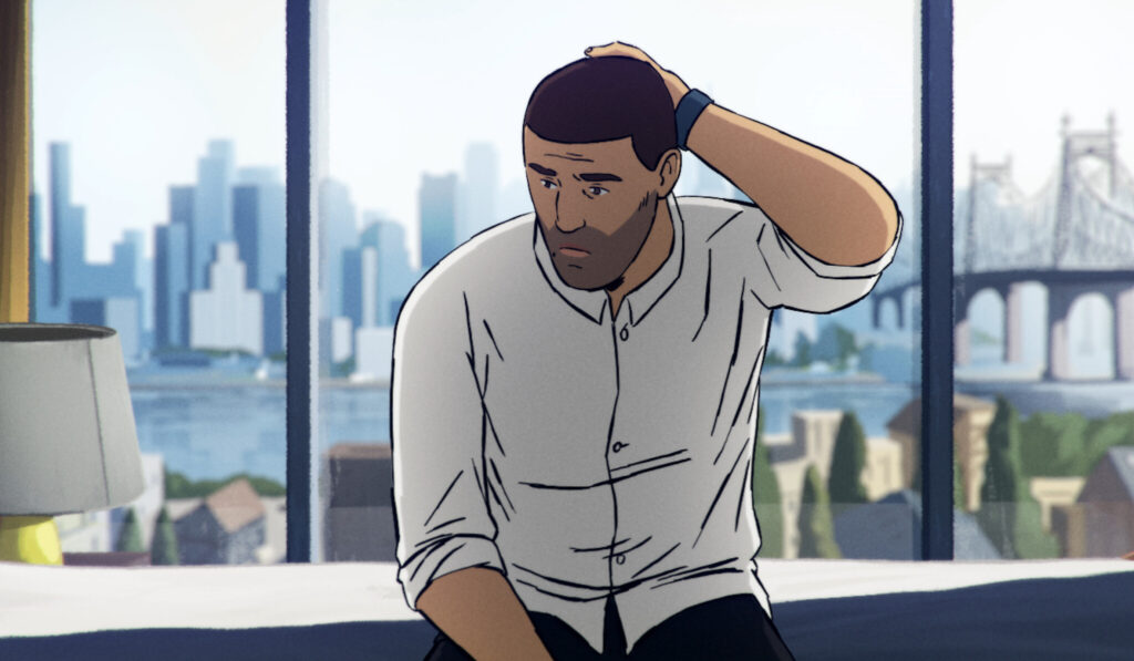 An animated man puts his hand on the back of his head and looks deep in thought in the documentary Flee