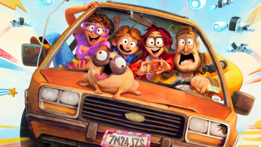 A family is driving in a car with various looks of terror and excitement with their dog on the hood of the car in the animated film The Mitchells vs The Machines