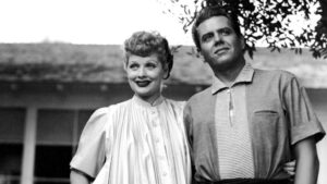 Lucille Ball and Desi Arnez together in a black and white still from the documentary Luci and Desi