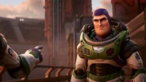 The character Buzz Lightyear grins in the movie Lightyear