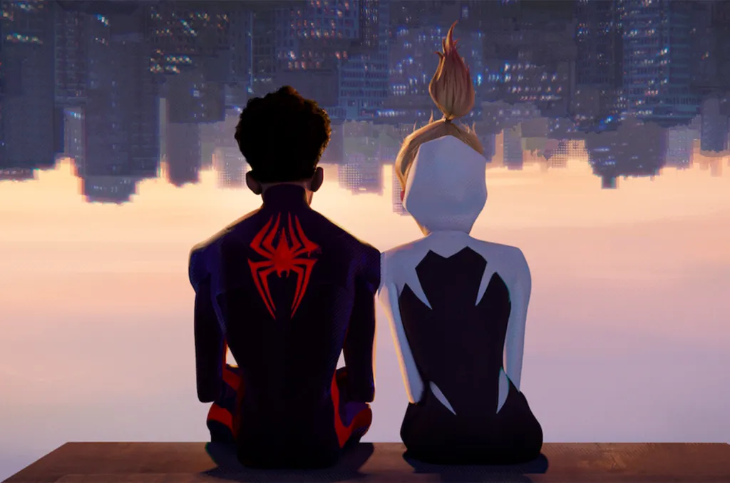 Miles Morales and Gwen Stacy sit next to each other looking out over New York City in the movie Spider-Man: Across the Spider-verse.